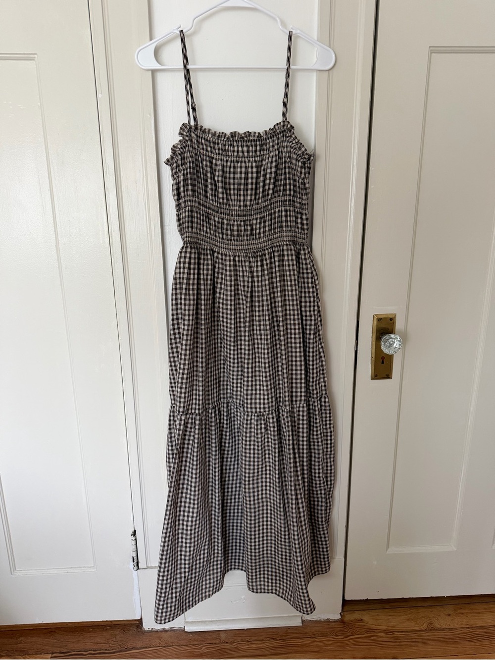Gingham Smocked Maxi Dress - Brown